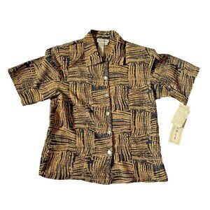 Rene Margo Womens Abstract Black & Tan Button-Up Shirt M